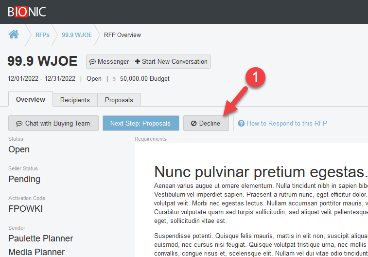 Screenshot of the RFP overview screen. The "Decline" button has an arrow pointing to it.