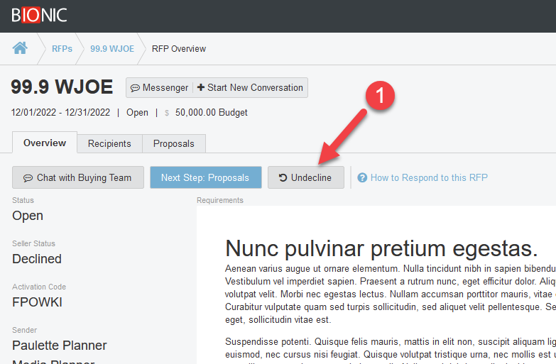 Screenshot of the RFP overview screen. The "Undecline" button has an arrow pointing to it.
