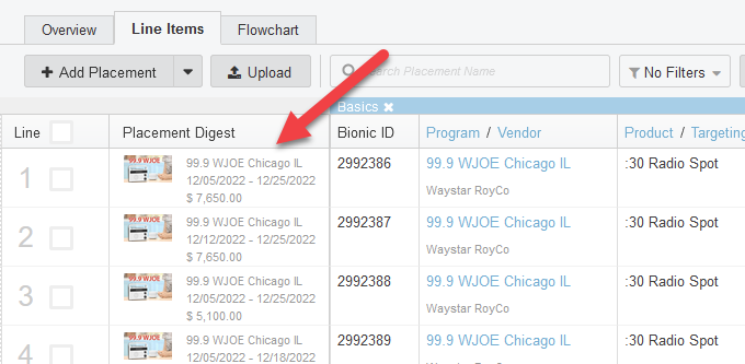 Screenshot of the line items tab in a proposal. Arrow pointing to Placement Digest column