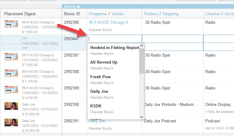 Screenshot of the line items tab in a proposal. Dropdown under Program/Vendor has been opened.