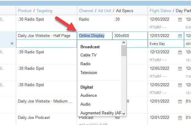 Screenshot of the line items tab in a proposal. The "Channel" dropdown has been expanded.