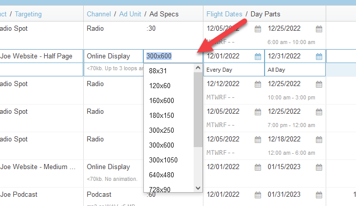 Screenshot of the line items tab in a proposal. The "Ad Specs" dropdown has been expanded.