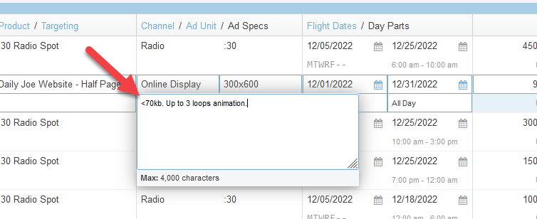 Screenshot of the line items tab in a proposal. The "Ad Specs" input field has been expanded.