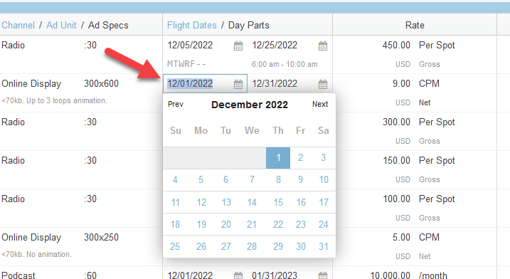 Screenshot of the line items tab in a proposal. Start date has been selected so that a calendar has appeared.