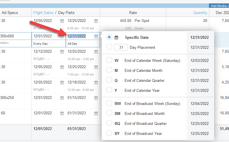 Screenshot of the line items tab in a proposal. End date has been selected, leading to different options to choose from, such as "Specific Date", "End of Calendar Month", etc.