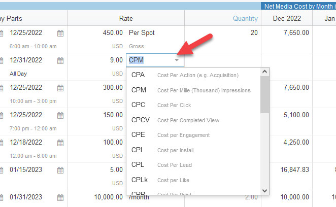 Screenshot of the line items tab in a proposal. The rate column is focused, with the cost method selected, so that a dropdown with the methods listed above shown.