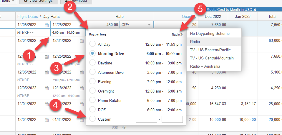 Screenshot of the line items tab in a proposal. Dayparts section has been selected. All of its options are shown with number corresponding to the steps above.