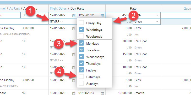 Screenshot of the line items tab in a proposal. Weekparts has been selected, leading to checkboxes next to days of the week. Numbers on the screen match up with the steps mentioned above.