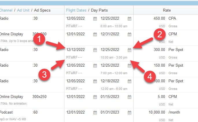 Screenshot of the line items tab in a proposal. Arrows are pointing to Start Date, End Date, Weekpart, and Daypart.