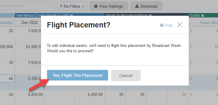 Screenshot of the Line Items tab in a proposal. A dialog box is zoomed in on asking to flight a placement.