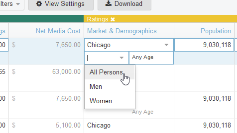 Screenshot of Ratings column, zoomed in. Gender field has been selected, showing the options given to choose from.