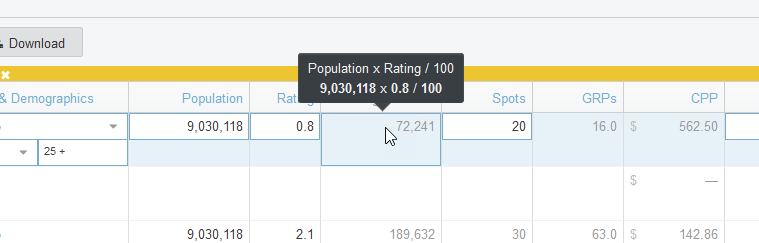 Screenshot of Ratings section of columns. Mouse is hovering over "Average Persons" field. Calculation is "Population" times "Rating", divided by 100.