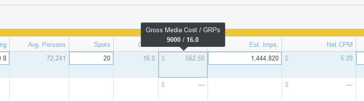 Screenshot of ratings columns in a Proposal. A "CPP" field is hovered over showing calculation that is "Gross Media Cost" divided by "GRPs"