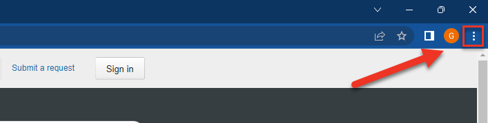 Screenshot of Google Chrome, zoomed in on the top right corner with an arrow pointing to the 3 dots, indicating the Settings button