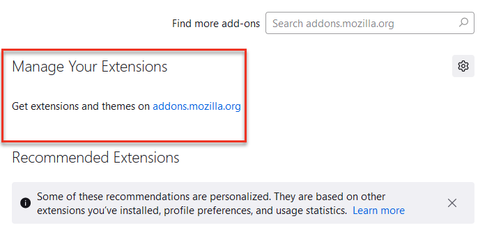 Screenshot of Extensions window in Firefox, with "Manage Your Extensions" highlighted.