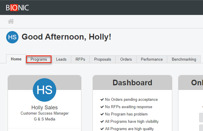 Screenshot of dashboard with programs tab highlighted