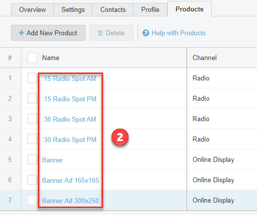 Screenshot of the Products tab in a program. The different products are highlighted.