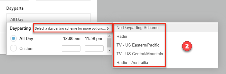 Screenshot of Dayparting scheme options that are available to choose.