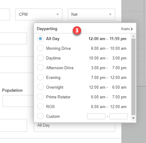 Screenshot of Dayparting time frames that can be picked.