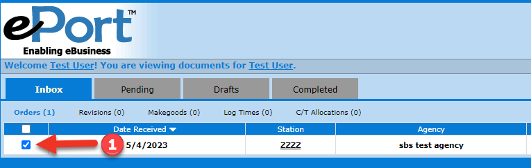 Screenshot of ePort system, in the "inbox" tab. A check has been placed next to an order.