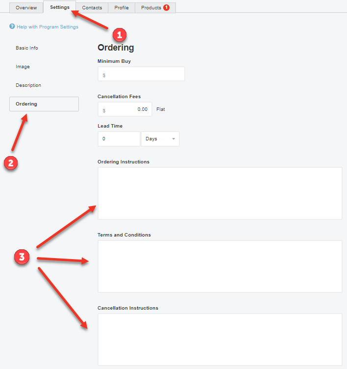 Screenshot of the Ordering section under Settings. The various fields such as Ordering Instructions, Terms and Conditions, etc, are being shown. These fields are blank in this picture.