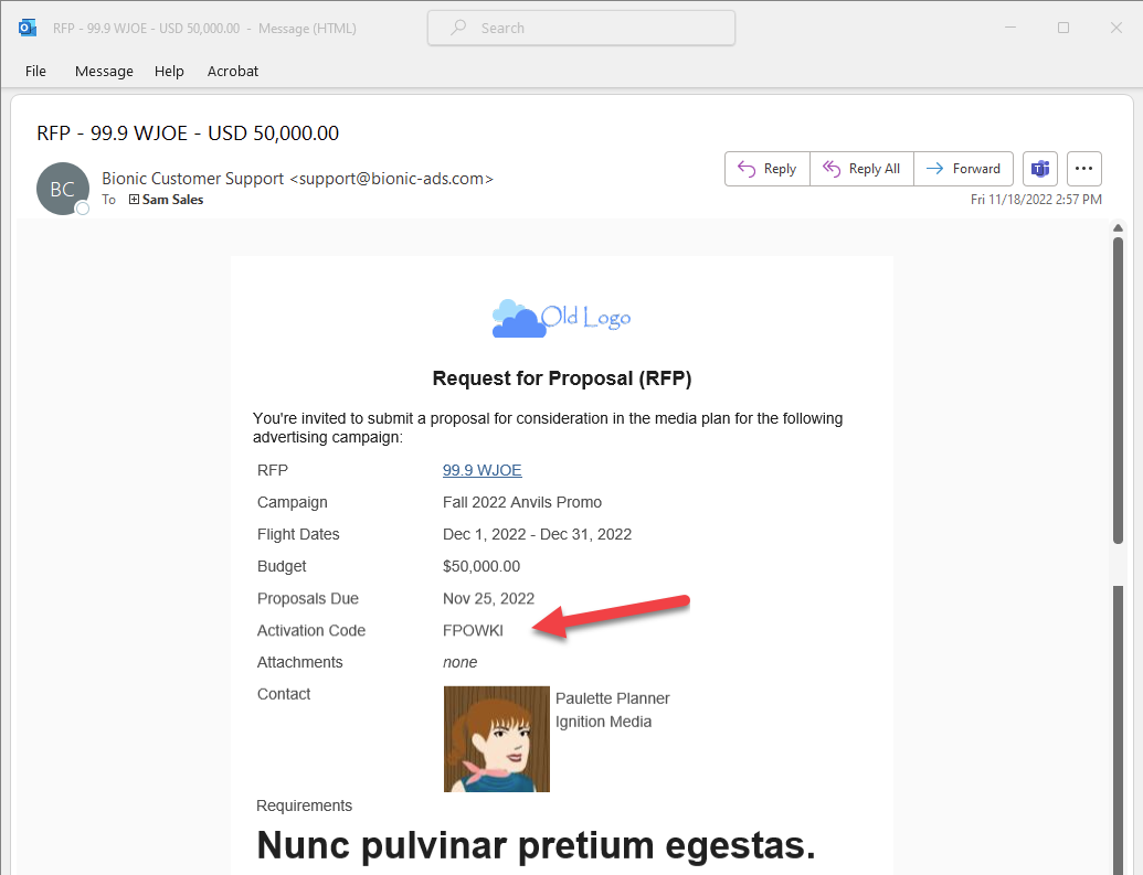 Screenshot of an RFP notification email. Activation Code is being pointed to.