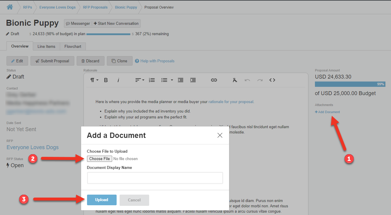 Screenshot of the Overview tab of a Proposal. The "Add Document" link has been pressed, showing the dialog box for selecting and uploading a file.