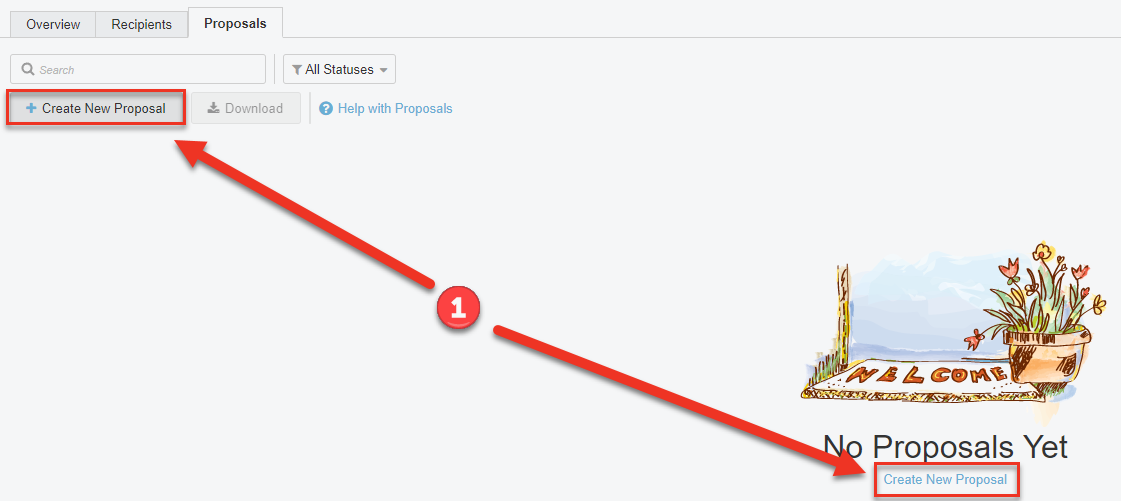 Screenshot of the Proposals tab in an RFP. Arrows are pointing to the 2 buttons that will create a new proposal.