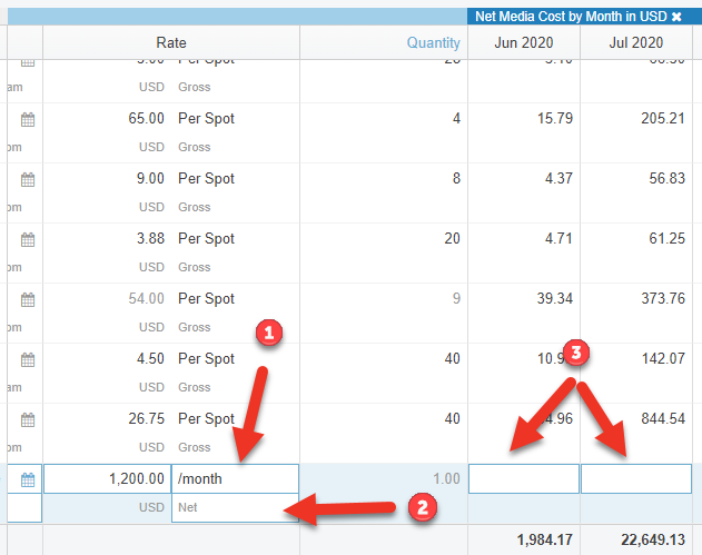 Screenshot of Line Items tab in a proposal. Numbered arrows are pointing to the fields listed above this image.