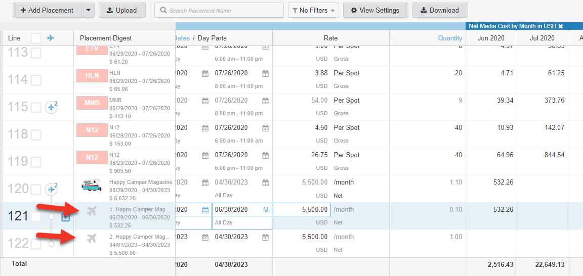 Screenshot of Line Items tab. 2 flights have been created and are being pointed to.