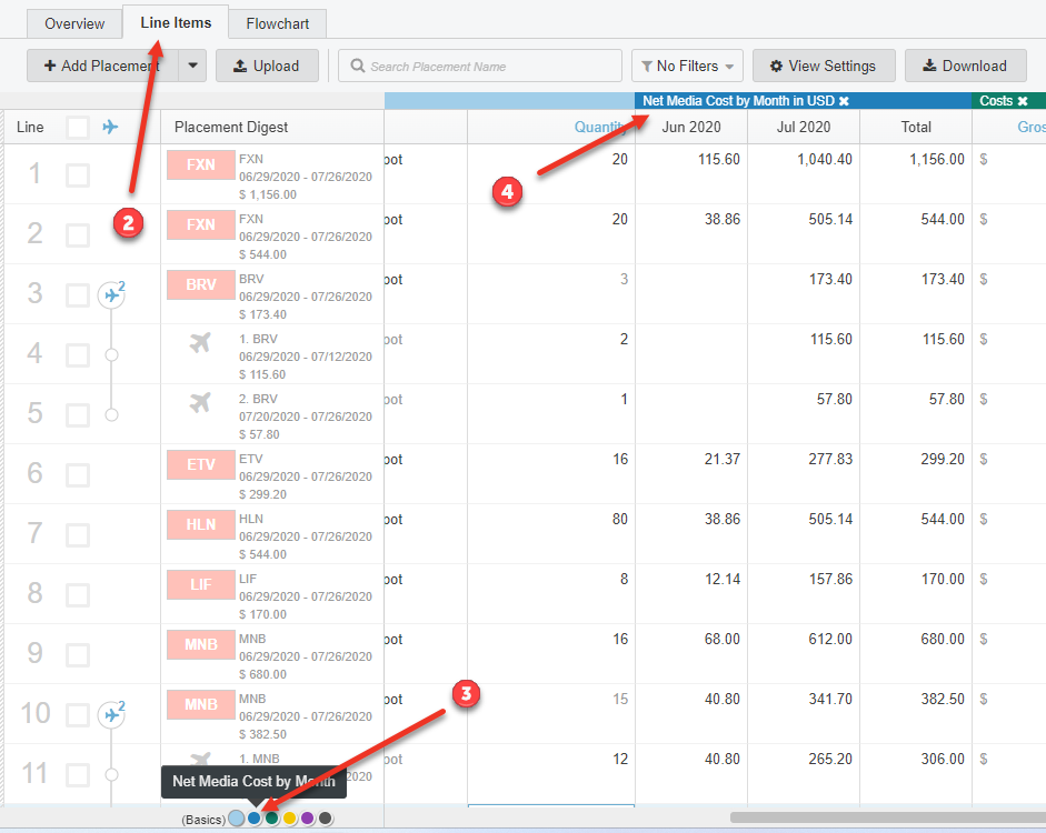 Screenshot of Line Items tab in a Proposal. Numbered arrows are pointing to the steps listed above.